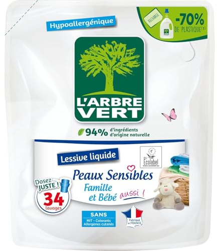 L'ARBRE VERT – Lessive Liquide Hypoallergénique Peaux Sensibles, Douceur & Protection bébé (Recharge 1,53L) - Le Lot De 3
