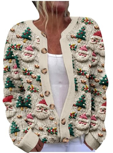 Women's Christmas Cardigan,Ladies Hollowed Out Coat Long Sleeve Christmas Sweatshirt Casual Xmas Tops, Santa Claus Snowflake Printed Pullover Loose Fit Festive Jacket Oversized Cardigan