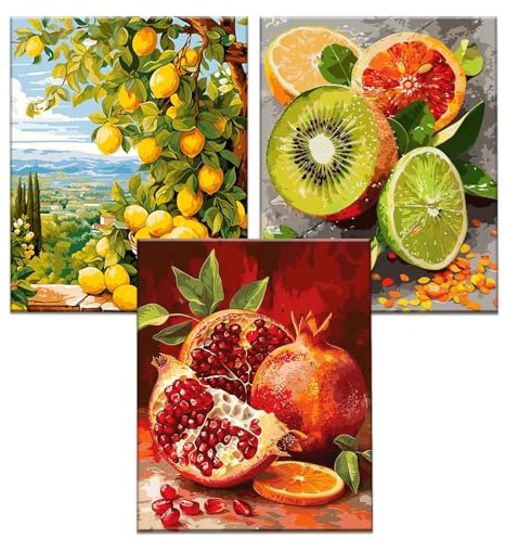 JATOK Malen nach Zahlen Erwachsene, 3er-Set, Zitrusfrüchte, 40 x 50 cm | 3 komplette Malsets mit vorgedruckten Leinwänden, Acrylfarben und Pinseln; 3 kreative Projekte für Anfänger Ohne Rahmen