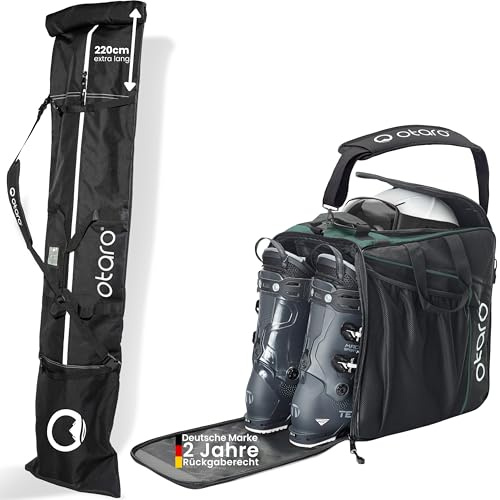 Otaro Skischuhtasche und Skitasche Extra-Lang (Classic Set | Tannengrün | 1x Ski Extra-Lang) | Skitasche für Ski und Skischuhtasche mit Helmfach
