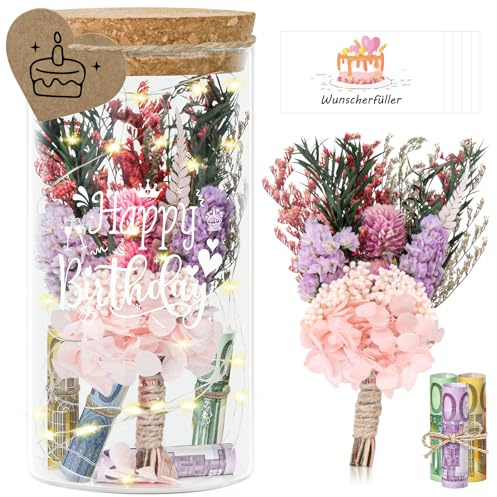 Geldgeschenk Geburtstag, Happy Birthday Geldgeschenk Verpackung, LED Flaschenlicht + Trockenblumen + Reagenzglas, Kreative Geldgeschenke für Frauen & Männer – Leuchtflasche als Erinnerungsstück