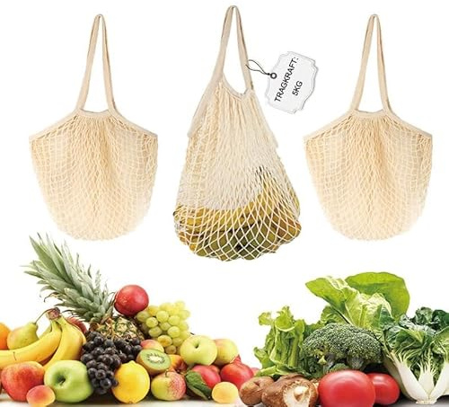 Einkaufstasche Netz Wiederverwendbar,3Pcs Beige zum aufhängen Einkaufsnetze | Baumwolle Einkaufsnetz Tasche mit Langem Griff,Obstnetz Kartoffelsack FüR Obst und GemüSe für Einkaufen, Strand