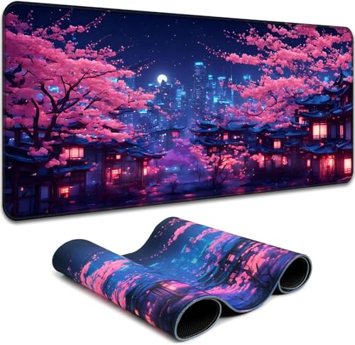 Simpkeely Fantasy Night City Gaming musmatta, svart ljus japanska bostadshus landskap neon stor vattentät UV reaktiv halkfri gummibas musmatta för kontor hem – 80 x 30 cm