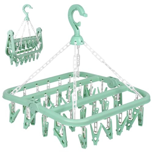 GAOHUI Foldable Clothes Drying Rack with 32 Clips, Space-Saving Sock Hangers for Drying, Multi-Functional Clothes Pegs for Washing Line for Underwear, Baby Clothes, Hats, Socks (Green)