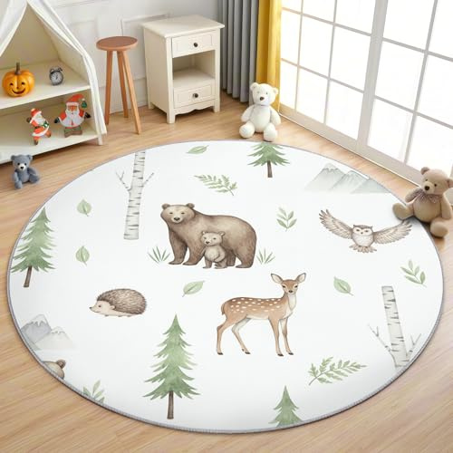 AevuCub Waldtiere Teppich Rund 120cm Kurzflor - Waschbare Teppiche Wohnzimmer Kinder Bär Hirsch Eule Igel - Runder Teppich 120 Durchmesser Kinderzimmer - Bettvorleger rutschfest Weich