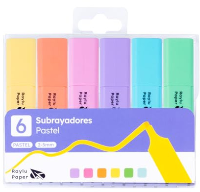 RAYLU PAPER – Subrayadores Fluorescentes con Punta Biselada, Pack de Marcadores Fluorescentes con Trazo de 2-5mm, Rotuladores Fluorescentes para Estudio, Oficina y Organización (Pastel, 6 ud)