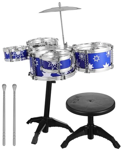 Mikikit Batterie Jazz Garçon et Filles 21 Pouces Kit Batterie Tabouret Bleu pour Garçon et Filles 3 à 5 Ans Instrument de Musique à Percussion Éducatif Musical