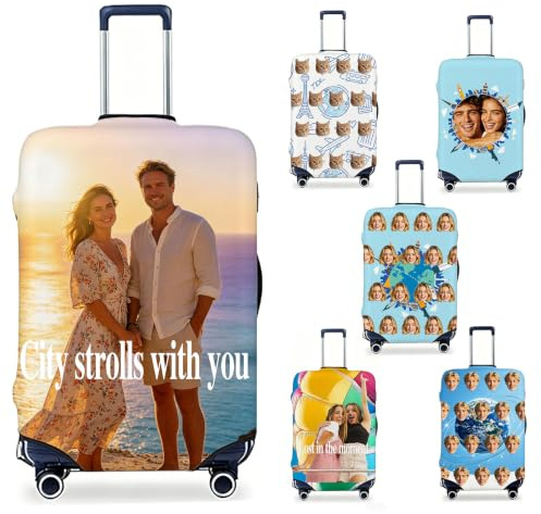 CHFUDN Personalisierte Koffer-Schutzhülle für Reisen | Elastisch, kratzfest, doppelseitig, für 18–32 Zoll, Foto/Text personalisierbar, Reise/Camping/Business