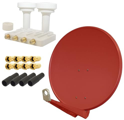 PremiumX DELUXE80 Aluminium 80cm Digital SAT Schüssel Spiegel in Ziegelrot + Monoblock Quad PXMB-6QW LNB WE 0,1dB Astra 19,2° Hotbird 13° + 4X Gummitülle 8X F-Stecker