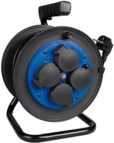 SOLERA 7427/1T - Enrollacables de 50m, con 4 Tomas con Tapa, Azul y Negro, IP44