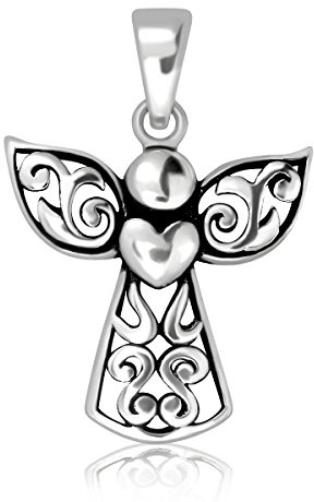 Withlovesilver Argent sterling 925 Bali Croix en filigrane Pendentif Aile d'ange gardien tenant un cœur