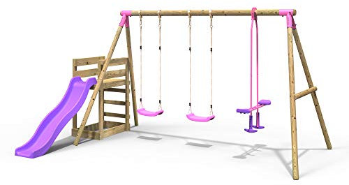 Rebo® Wooden Swing Set plus Deck and Slide - Neptune Pink | OutdoorToys | Kids' Outdoor Wooden Play Equipment for Gardens, Frame and Accessories Included, Weather Resistant