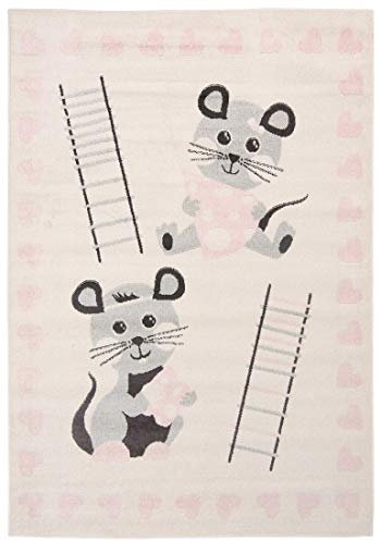 Carpeto Rugs Mäuse Kinderzimmerteppich - Kurzflor Kinderteppich - Weich Teppich für Kinderzimmer - ÖKO-TEX Wohnzimmerteppich - Teppiche - Rosa Creme - 80 x 150 cm