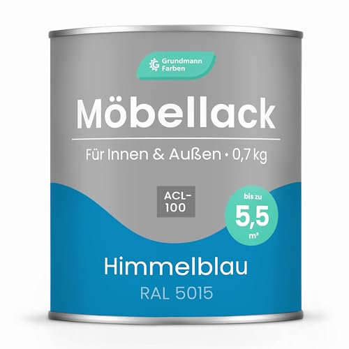 Grundmann Möbellack ACL 100 - Blau 0,7 Kg - Lösemittelfrei & Geruchsarm - 4in1 Möbelfarbe inkl. Grundierung - Innen und Außen - Für Holz, Metall & Kunststoff - RAL 5015 Himmelblau