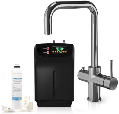 Excel Home 3 in 1 Instant Boiling Water Tap with 2.4L Boiler & Carbon Filter – Hot Cold & Filtered 98° Boiling Water - Under Sink Hot Water Boiler 3 Way Kitchen Tap (Chrome)