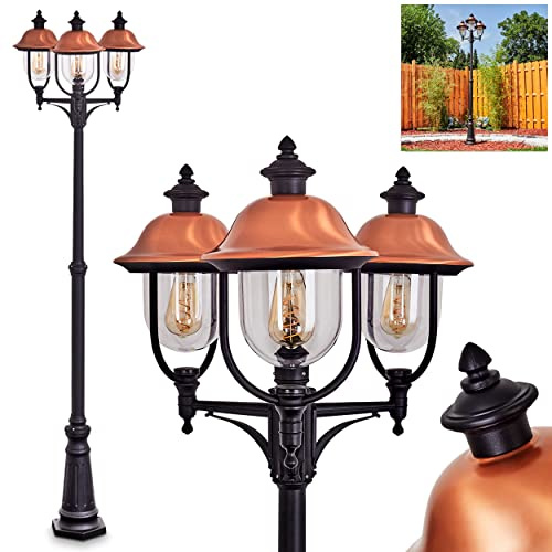 HOFSTEIN Kandelaber Gascon, Außenwegeleuchte aus Metall/Kunststoff in Schwarz/Kupfer/Klar, Wegeleuchte im Landhaus/Antik/Retro/Vintage-Design für Garten, Außenbereich, Hof, 230 cm, 3 x E27, IP44