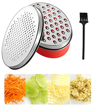 Rallador de acero inoxidable con recipiente de almacenamiento, platos gruesos y finos 2 en 1, para verduras, queso, chocolate y jengibre (rojo)
