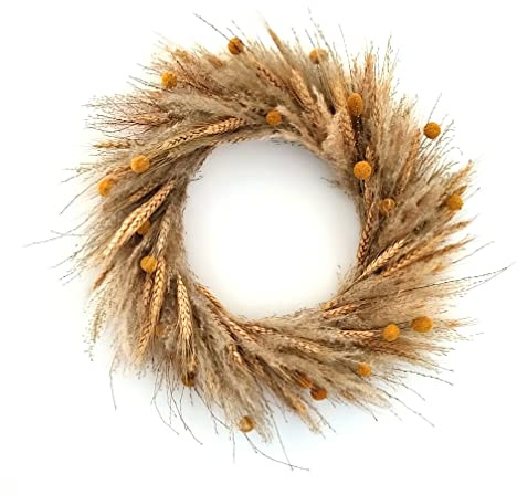 Rustikaler getrockneter Naturblumenkranz mit großem Kräuterkranz, Wanddekoration, natürliches Pampasgras, Weizen, Billy Knopfkugeln für Fenster und Tür, 43,2 cm