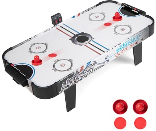 DREAMADE Table de Air Hockey 42 Pouces, Table de Jeu avec Air & Compteur de Points Électronique LED & 2 Palets & 2 Poussoirs & 2 Tapis de Feutre, pour Enfants & Adultes, Noir + Blanc