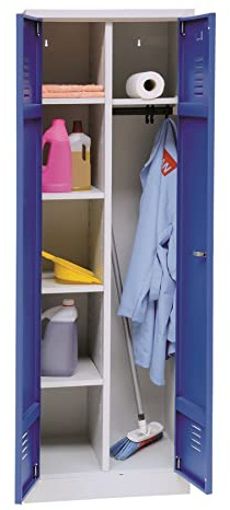 Schrank & Stuhl Mehrzweckschrank | Besenschrank mit Durchgehender Trennwand, Hakenleiste und 7 Fächern 180x60x50, Drehriegelverschluss, komplett montiert, Grau/Blau
