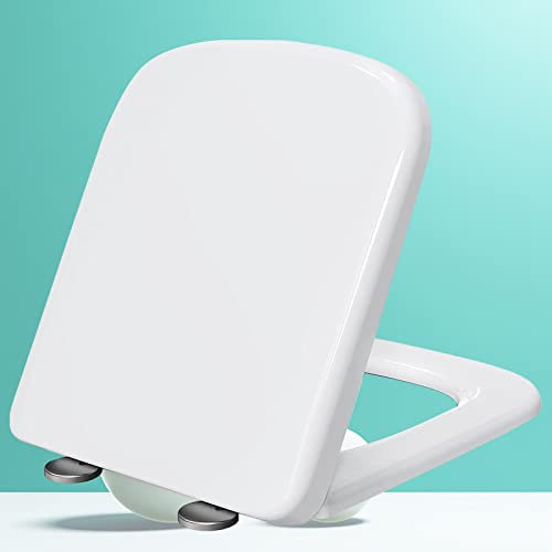 WC-Sitz mit Soft-Close-Schnellverschluss, Soft-Close-Toilettensitze, quadratische Toilettensitze mit Abdeckung, weiß, langsam schließend, mit verstellbaren Edelstahlscharnieren, weiß, 34 x 43,5 cm
