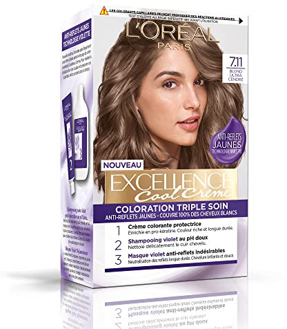 L'ORÉAL PARIS - Colorazione permanente per capelli Tripla cura - Anti-riflesso giallo - Copre 100% dei capelli bianchi - Eccellenza Cool Crema - Tonalità: biondo ultra cenere (7.11)