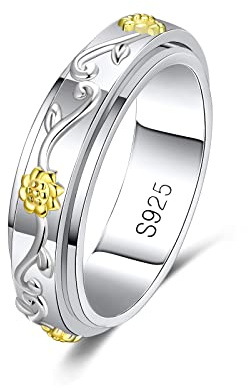 MYBELLNA Ring Damen 925 Sterling Silber, drehbarer Anti-Stress-Ring | Fidget Spinner Ring mit goldfarbenen Herzen und Unendlichkeitszeichen, Bicolor Design, Geschenk für Frauen