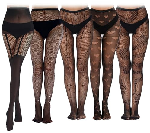 DGUSO Netzstrumpfhose Schwarz 5 Stück Halterlose Strümpfe Kniestrümpfe Damen Sexy Strumpfhosen Damen Muster Set, Gothic Strumpfhose mit Unterschiedlichen Mustern, Netzstrumpfhose Glitzer Schlangen