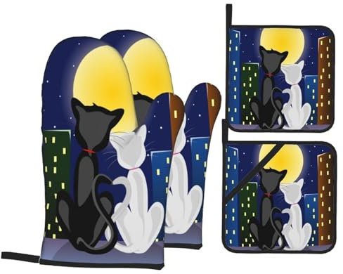 Gearsly Ofenhandschuhe und Topflappen, 4er-Set, Cartoon-Paar, Katze, Mond, Ofenhandschuhe, hitzebeständige Pads, rutschfest, wasserdicht, für Küche, Backen, Kochen, Grillen