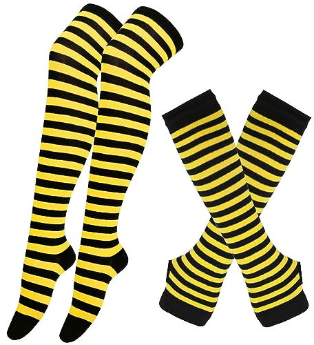 Damen Gestreifte Kniestrümpfe Overknee Strümpfe Lange Strick Armstulpen Fingerlose Handschuhe Gestreifte Socken Thigh High Socks Beinwärmer Schenkel Socken für Fraun Mädchen Halloween Party Kostüm