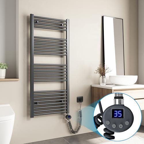 Heilmetz Scaldasalviette Elettrico Bagno 1400x400mm Termoarredo Elettrico Bagno con Termostato LCD Digitale, Temperatura Regolabile Radiatore Elettrico Basso Consumo da Parete Verticale, Antracite