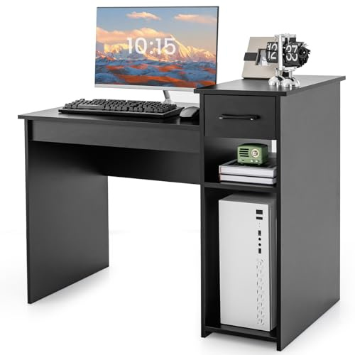 COSTWAY Computer Desk, Wooden PC Laptop Table Writing Workstation with 2-tier Storage Shelf, Drawer & CPU Stand, Modern Compact Working Gaming Study Desk for Home Office (Black)