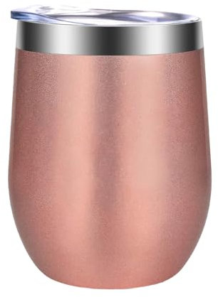 Colexy Taza de vino al vacío de acero inoxidable, oro rosa, 350 ml, vaso de vino de doble pared con tapa, copa de vino aislada para mujeres y hombres, café, champán, todas las bebidas calientes/frías