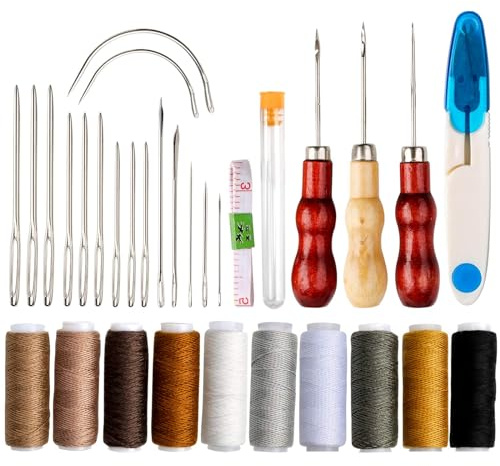GOTRUST Leather Sewing Kit, 32pcs Upholstery Repair Tools, Leather Hand Stitching Kit, Wax Thread and Large Eye Sewing Needle Sets with Drilling Awl for Carpet Canvas, DIY Crafts