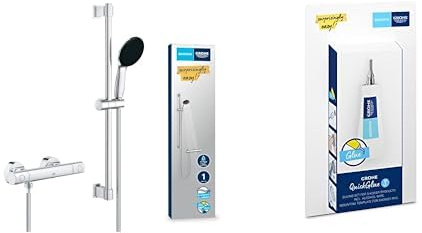 Grohe Precision Get - Thermostat Brauseset wassersparend ~8l/min + Kleber (1 Strahlart, Sicherheitssperre bei 38°C, 60cm Brausestange, inkl. Montagewerkzeug), rund, chrom