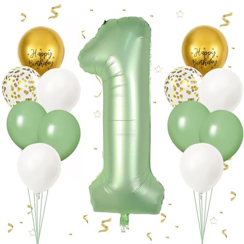 Palloncino Compleanno 1 Anni Avocado verde, VUCDXOP 13pcs Palloncini di compleanno Set di Foil Palloncino Numero 1, Numeri Gonfiabili Palloncini 1,Compleanno Gonfiabili Pallone per Anniversario