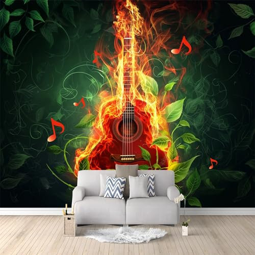 Papier Peint intissé Feuilles De Guitare Flamme 350 x 256cm Papier Peint Photo Panoramique, Poster Geant Mural Personnalisé 3D, pour Salon Cuisines Chambre Adulte Enfant Décor Murale
