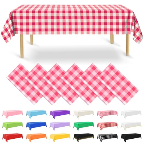 NACHLYNN 6 Stück Einweg Tischdecke 137 x 274 cm Rosa und Weiß Kariert Rechteckige Tischabdeckung Wasserdicht Gartentischdecke für Festivals Party Hochzeiten Brautpartys Geburtstag Dekorationen