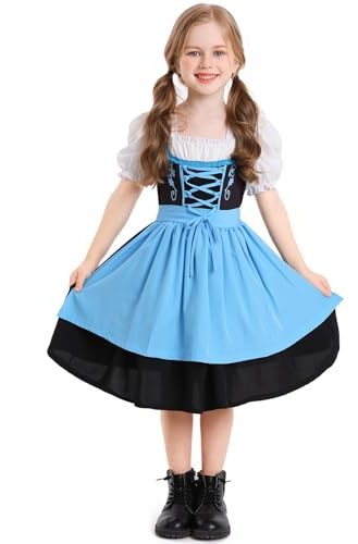 FYMNSI Vestito tradizionale Dirndl da ragazza, per Oktoberfest bavarese, con grembiule, per Halloween, Carnevale, Blu, 8-10 anni