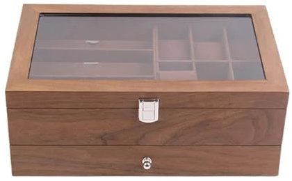 PDURMBUAB Schmuckaufbewahrung Veranstalter Glas Schloss Doppelschicht Retro Uhr Gläser Schmuck Box Vitrine Lagerung Schatulle 6 + 3 Grids Holz Uhr(34 * 21 * 15cm) Schmuckbox Schmuckkästchen Klein