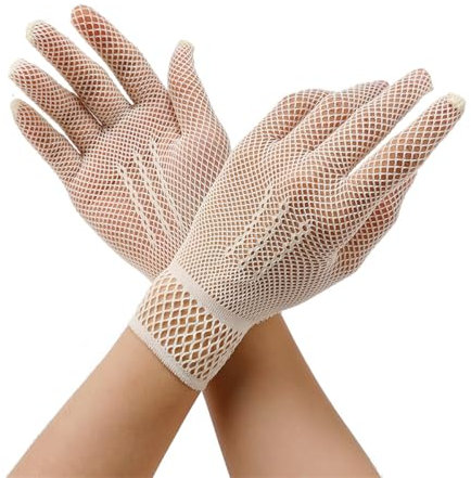 JekyTMP 3 Paar Kurz Netzhandschuhe Damen Fischnetz Handschuhe Mode Opernhandschuhen Spitzenhandschuhe Fishnet Gloves Netz Armstulpen Rock Handschuhe Netzärmel für Hochzeiten Opern Prom (Creme)