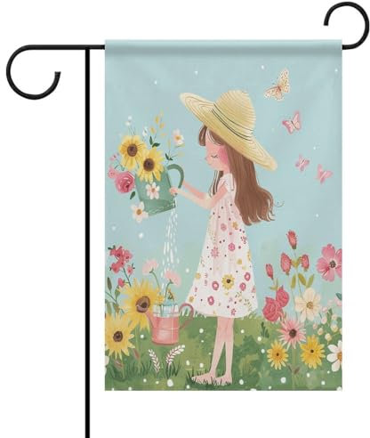Hausflaggen und Mädchen, die Strohhut tragen, bedruckte Gartenflaggen sind Outdoor-Flaggen, die in Familienhöfen verwendet werden, um Dekoration hinzuzufügen
