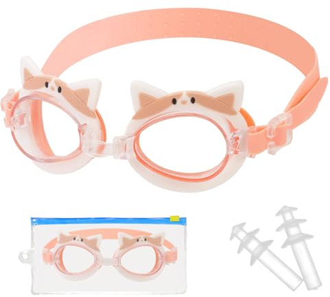 Pwsap Occhialini da Nuoto Bambini Anti-Appannamento, Carino Occhialini da Nuoto Gatto per Ragazze 4-14, 180° Occhialini Piscina con Ampie Lenti, Prova di Perdita, Tappi per Orecchie, Borsa Potabile