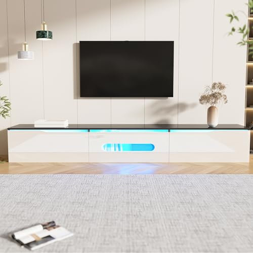 Meuble TV 180 cm de Long Surface Brillante avec éclairage LED Montage Mural pour Salon Salle à Manger Table TV Buffet Bas Blanc