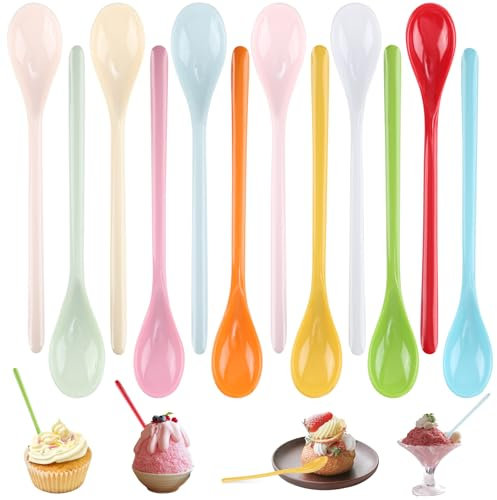 Lot de 12 cuillères longues multicolores en plastique réutilisables - Cuillères en plastique colorées - Cuillères à confiture longues pour boissons, œufs, glace, yaourt - 18,5 cm