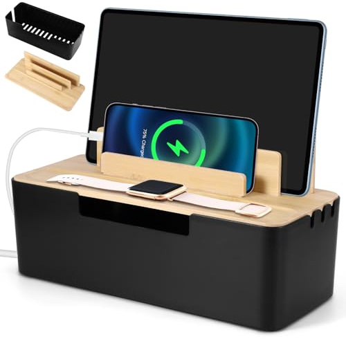 OUZHOU Kabelbox mit Bambusdeckel, Kabelmanagement Box mit Telefon, Smartwatches und Tablet Halterung, Kabel Aufbewahrungsbox Kabelbox Schwarz Zum Verstecken von Kabeln und Steckern