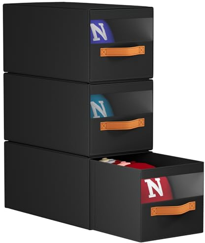 Homsorout Hat Organizer for Baseball Caps - 3 Pack Pull-Out Drawer Hat Storage Organizer Box with Clear Window, Stackable Closet Cap Holder, Baseball Cap Organizer for Closet, Bedroom, Home, Black
