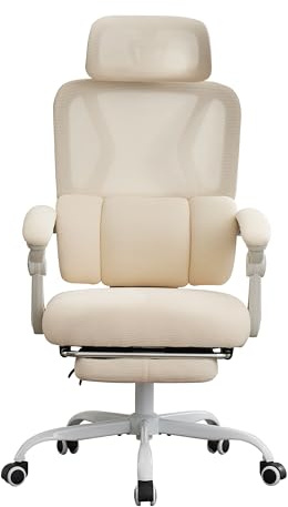UEV Bürostuhl Ergonomisch mit Fußstütze, Homeoffice Stuhl, beige | Drehstuhl,Schreibtischstuhl,neigbar bis 135°,höhenverstellbar,bis 150 kg belastbar,atmungsaktiver Stoff,für Arbeitszimmer