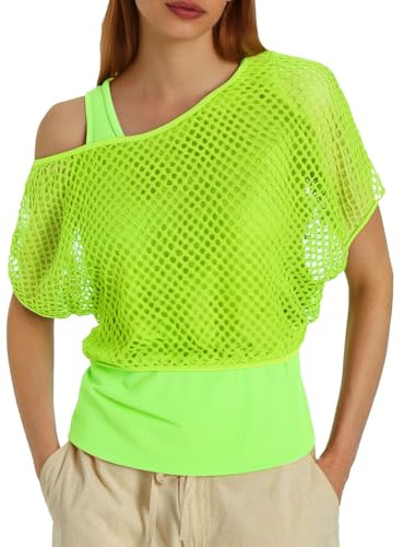 Genérico Camisetas de Carnaval para Mujer de los años 80 y 90, Camiseta de Malla Superior, Disfraz de los años 80, Camiseta de neón de los años 80, Traje aeróbico, para Fiesta temática Carnaval