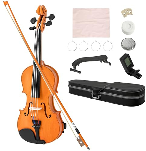 HOMCOM Violín 4/4, juego de violín de madera maciza para adultos y principiantes, con estuche ligero y portátil, arco, colofonia, puente y bandolera, marrón